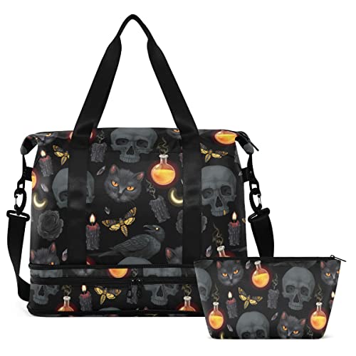 Travel Duffel Tote Bag Grey Skull Sports Duffel Bag with Wet Pocket Weekender Overnight Bag for Women Men Gym Bag, Carry On Bag Hospital Bag for Labor and Delivery