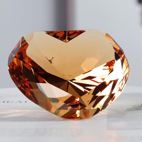 Amber Crystal Diamonds Paper Weights, Heart Shape Real Crystal Diamond Glass Gems Paperweight for Decoration 80mm, Big Diamonds Home Office Decor Valentine's Day Gift Wedding Favors with Gift Box