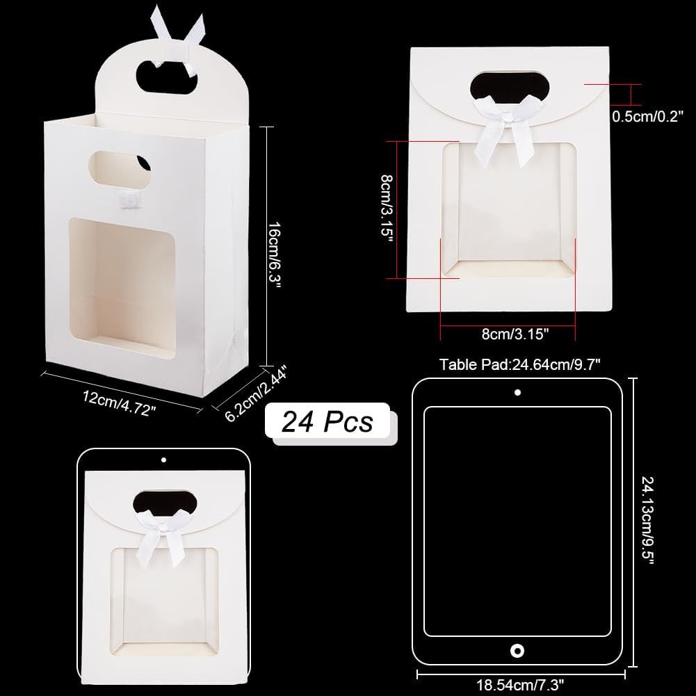 NBEADS 24 Pcs Small White Kraft Paper Bags with Window, 6.3x4.72x2.44inch Stand Up Gift Bag with Handles and Bowknot for Cookies Packaging Wedding Christmas Party Store Retail