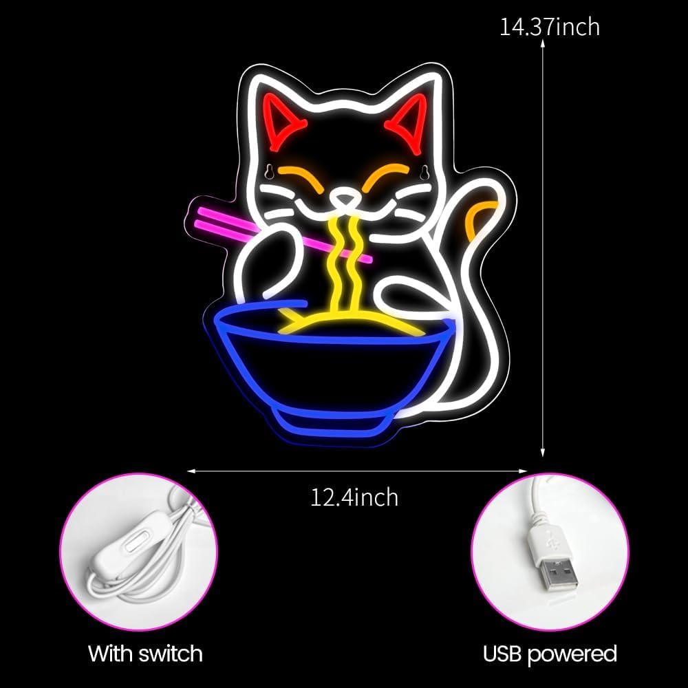 RuCvixkt Ramen Cat Neon Sign for Wall Decor, Fortune Japanese Cat Eating Ramen Led Light Signs Maneki Neko Lucky Neon Signs for Bedroom, Noodle Resturant,Baby Girls Room Party Gift