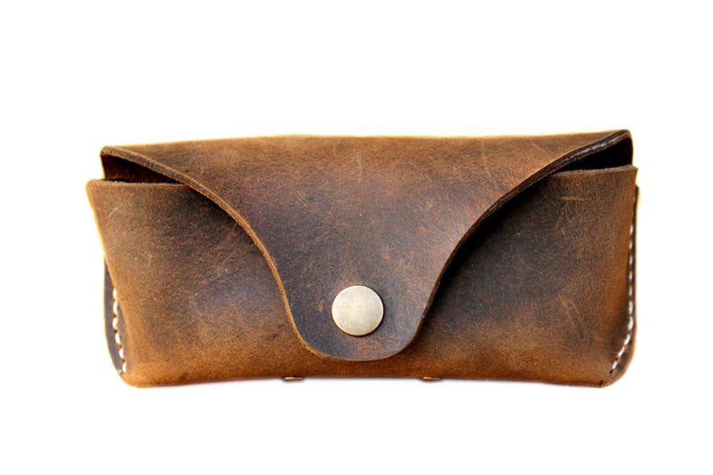 YAN TA HANDMADE Genuine Leather Sunglasses Case, Hand-Stitched Crazy Horse Leather Eyeglass Pouch, Classic Vintage Glasses Holder for Men & Women (Brown)