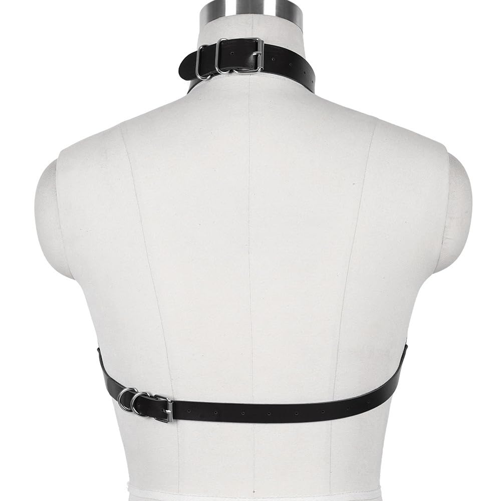 BAQOEYII Leather Bra CageStyle Shoulder Strap,Punk Layered Chest Chain,Punk Black Leather Chest Harness Body Waist Chain Belt Rave Nightclub Belly Bra Jewelry Accessor for Halloween Carnival