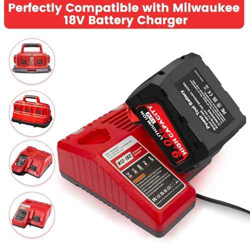 18V 9.0Ah Ultra-High Capacity Replacement for Milwaukee 18V Battery Compatible with Milwaukee 18 Volt Batteries 48-11-1815 48-11-1820 48-11-1828 48-11-1830 48-11-1840 48-11-1850 48-11-1852