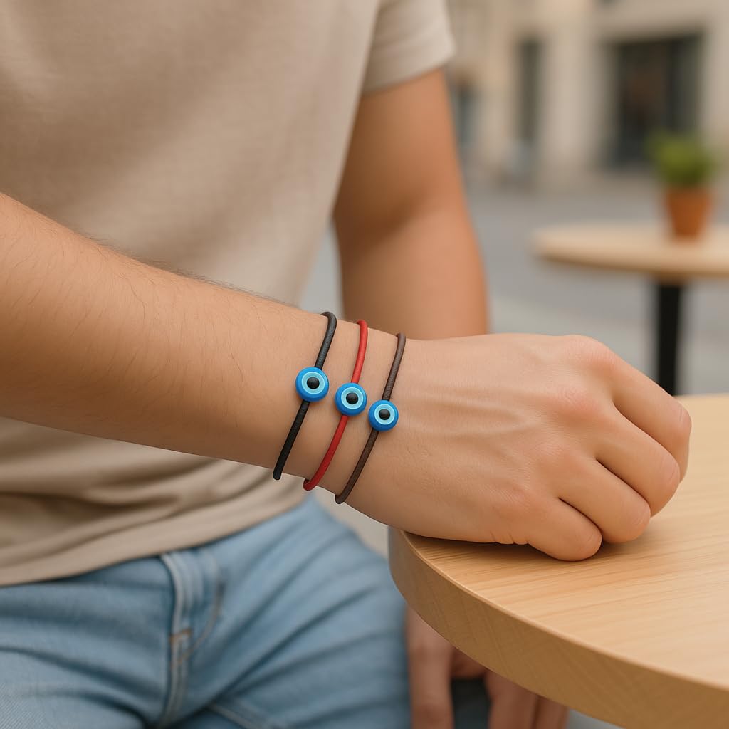 GENIQUE Leather String Evil Eye Bracelets, adjustable protection bracelets for women, men, string bracelets amulet (Evil Eye Black)