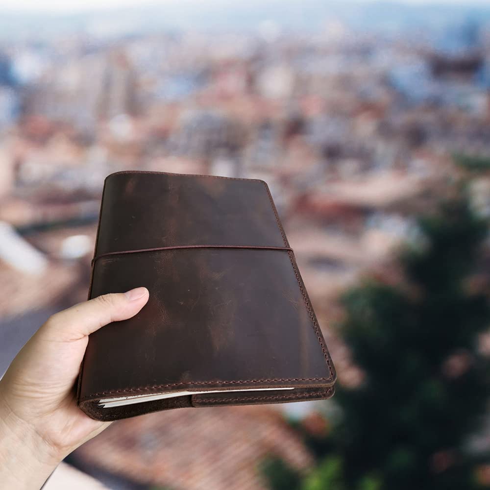 newestor Travelers Notebook Cover with Inner Pockets, Card Slots and Pen Holder, A5 Size, Dark Brown