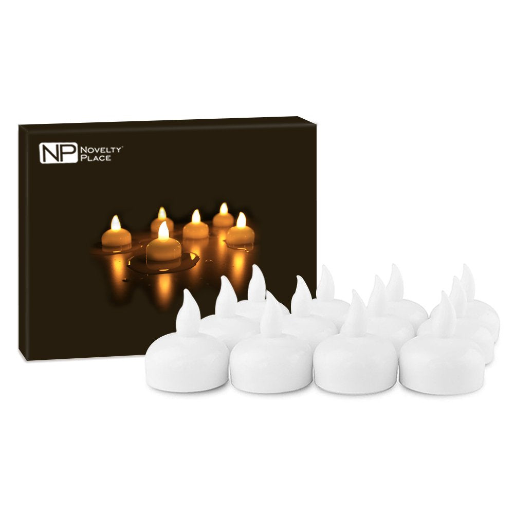 Novelty Place 12Pcs Waterproof Flameless Floating Tealights, LED Floating Candles Warm Yellow Flickering Tea Lights - Battery Operated Candles Decoration for Wedding, Christmas, Party, Pool, Pond