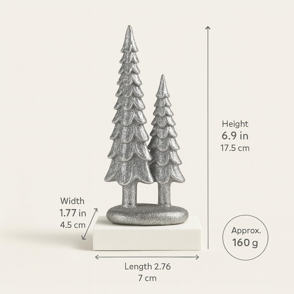 iStatue Sparkle Pine Trees, 7" Resin Tabletop Figurine Double Glitter Trees on One Base Indoor Christmas Decoration, Modern Mantel/Bookshelf Décor (Silver)