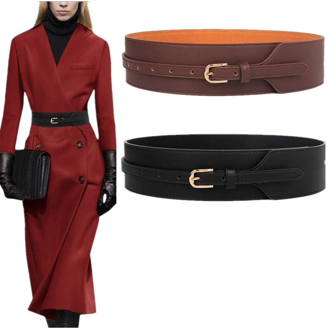 Toptim Women Wide Knotted Belt Design PU Leather Waistbands Simple Width Belt (Black & Brown, Waist 34-39")