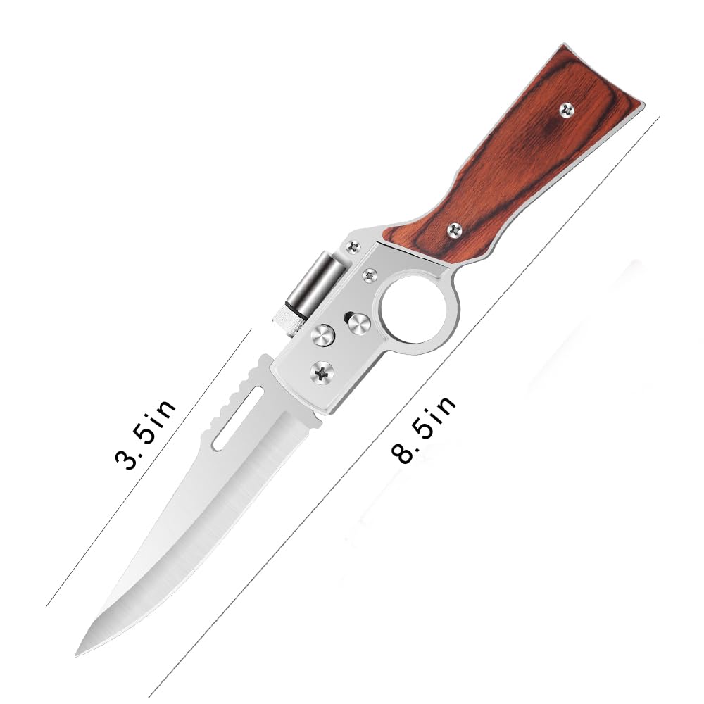 Uninuou AK47 Style Tactical Folding Knife 4-Pack – Bulk Set with LED Light, Wood Handle, Laser Engraving Ready, Groomsmen Gifts for Men, Outdoor Camping Hiking Gear (4)