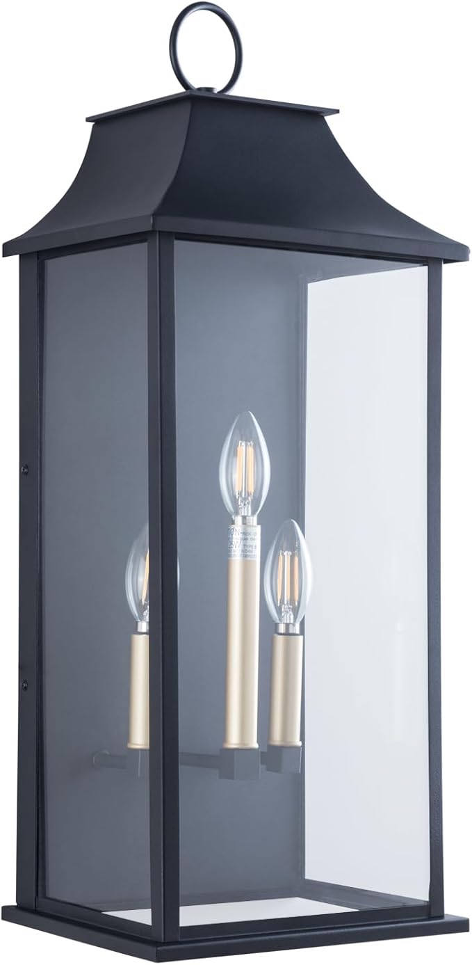 Dusk to Dawn Outdoor Wall Light 3-Light, 25.3" Large Outdoor Light Fixture, Black Exterior Wall Lantern, Waterproof Outside Wall Sconce for House Porch Patio