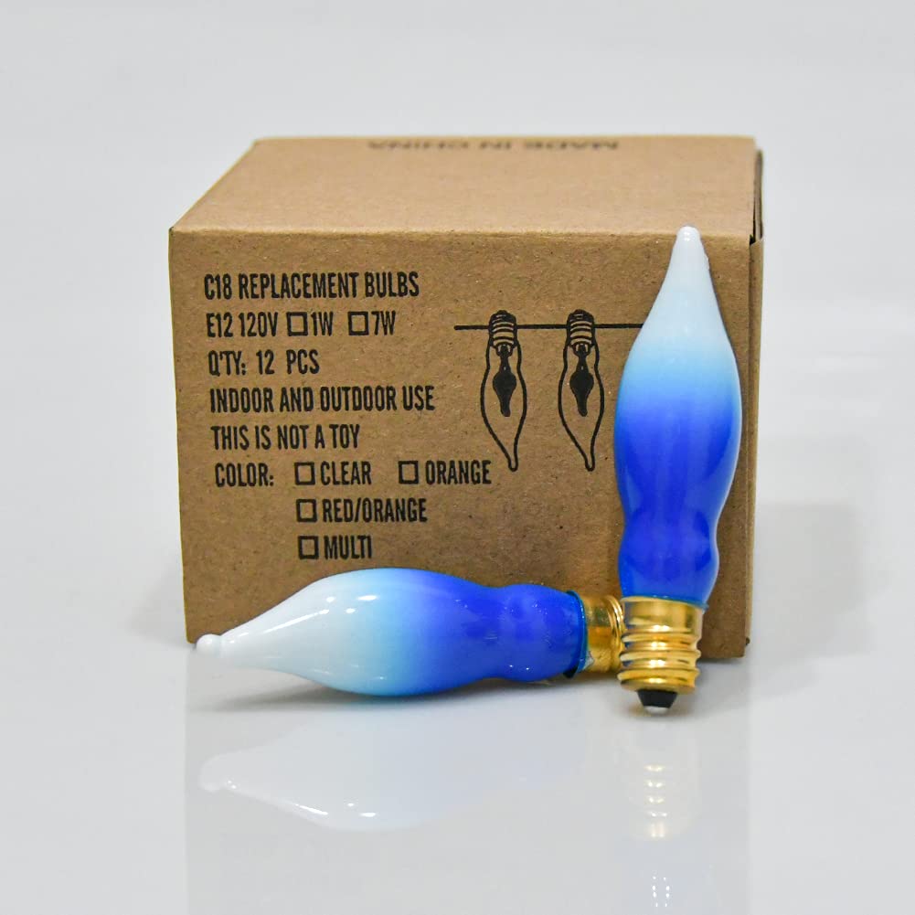 GOOTHY 12 Pack White Blue Christmas Flame Shape Light Bulbs, C18 Candle Light Replacement Bulbs for Christmas Hanukah Electric Candles Chandeliers- 7 Watts /120 Volts/ E12 Candelabra Base- White/Blue