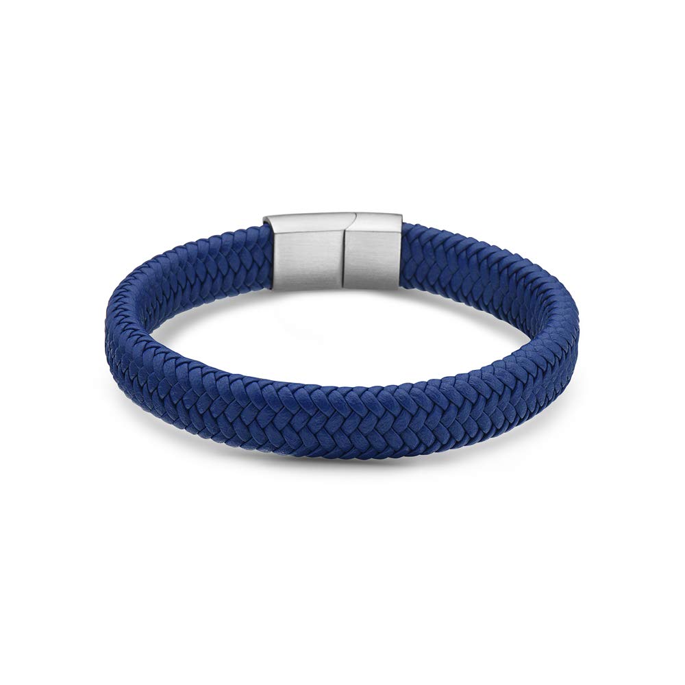 My Daily Styles Mens Blue Genuine Leather Bracelet with Stainless Steel 8" Silver