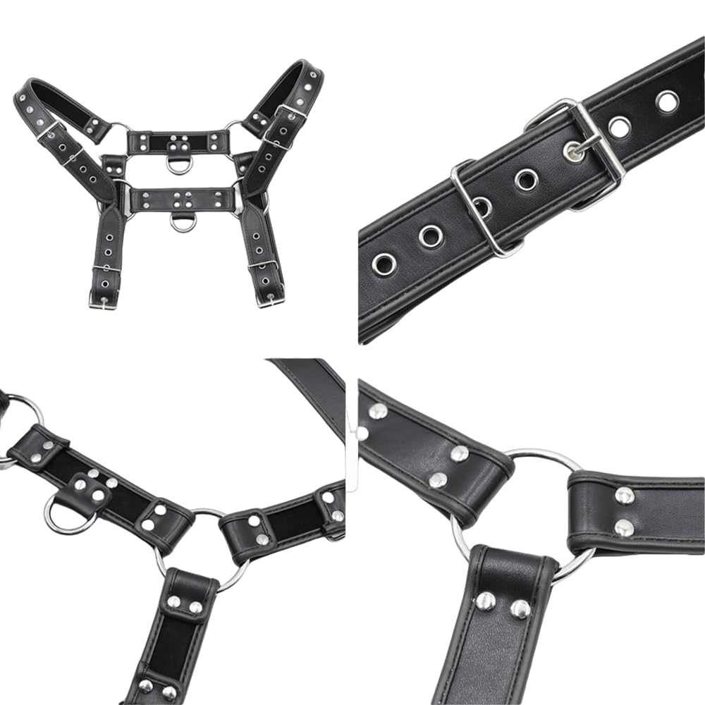 Men's Adjustable PU Leather Chest Harness, Gothic Punk Body Harness with Metal Buckles for Rave Festival Clubwear Cosplay Black