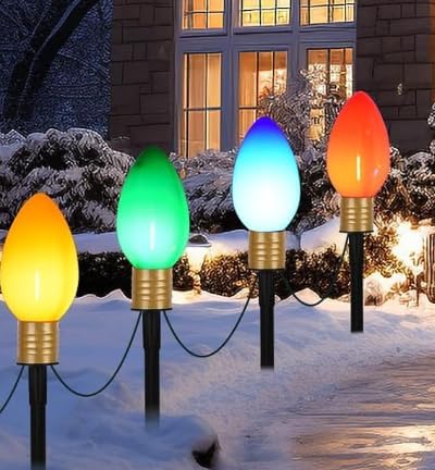 C9 LED Christmas Pathway Lights Outdoor, 7Ft 4 Multicolor Bulbs Christmas Pathway Stakes Lights, Connectable Colorful Marker Walkway Lights for Yard Patio Sidewalk Driveway Garden Lawn Decor