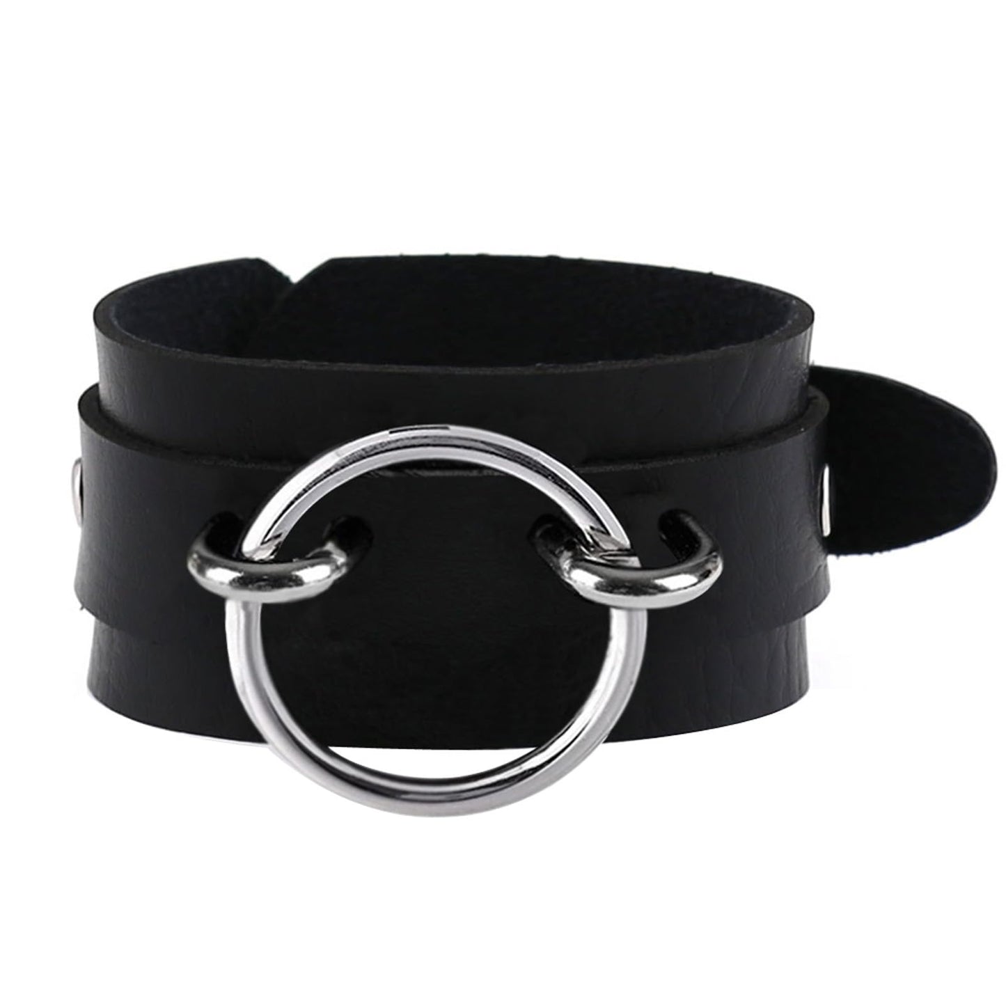 Tosmifairy Black Wide Soft Faux Leather Collar Choker Adjustable Thick PU Necklace and Bracelets Set for Women Men,Circle Ring Charm (Adjusted Neck: 17-21 Inches)
