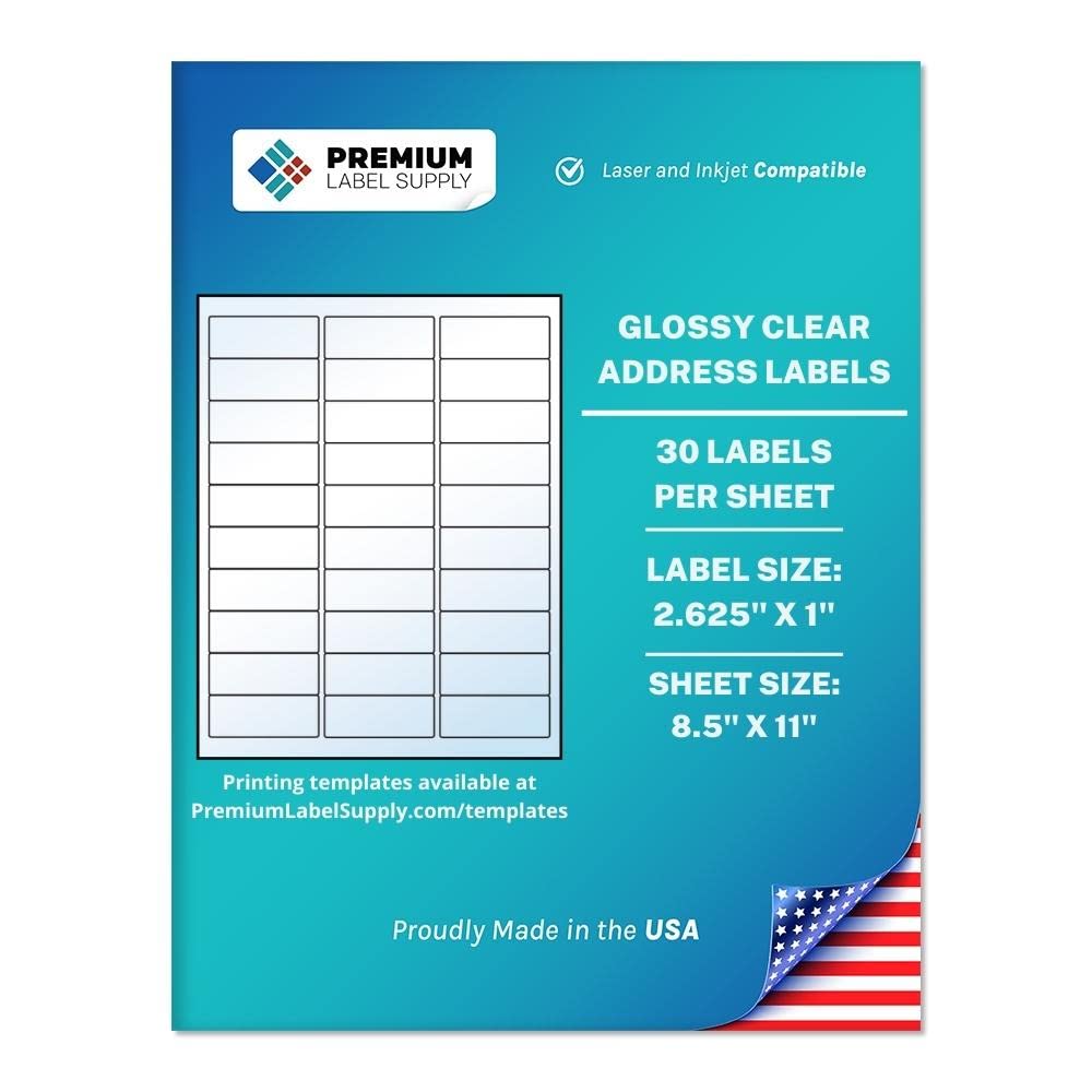 Premium Label Supply Glossy Clear Address Labels – 2.625" x 1" – Laser/Inkjet Compatible – (30 per Sheet), 10 Sheets - 300 Total Adhesive Labels