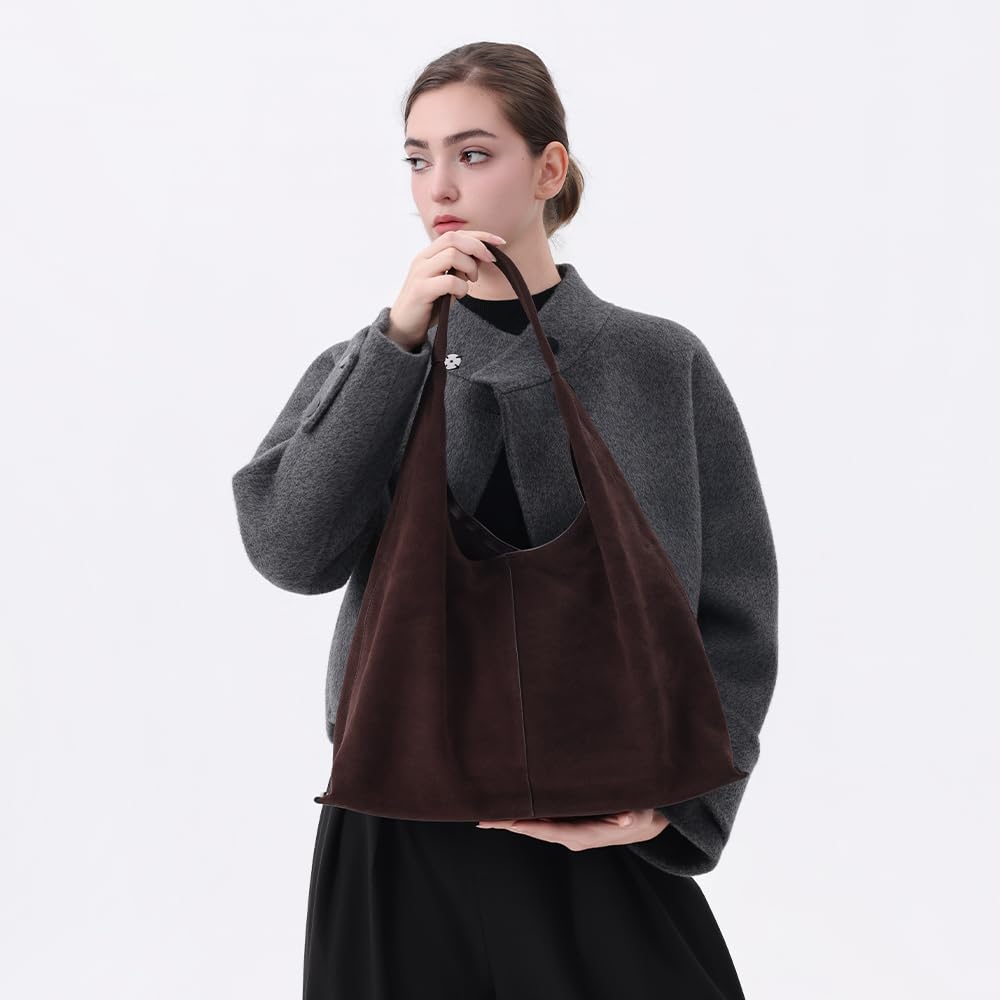 VAKAER Genuine Suede Leather Hobo Bag for Women, Slouchy Oversized Crescent Shoulder Tote Purse with Detachable Zip Pouch (Coffee)
