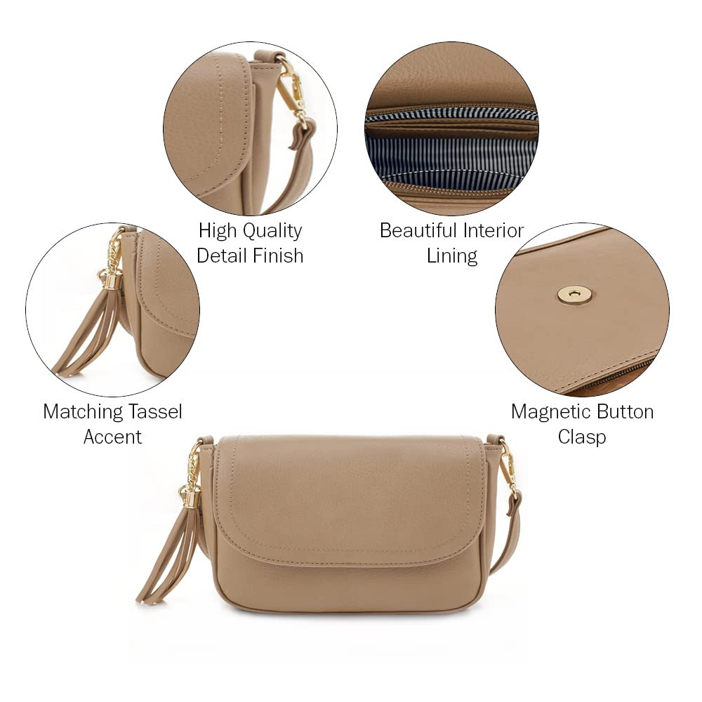 EVVE Small Crossbody Bag for Women Trendy Flap Saddle Purses with Tassel Vegan leather Shoulder Bag - Taupe