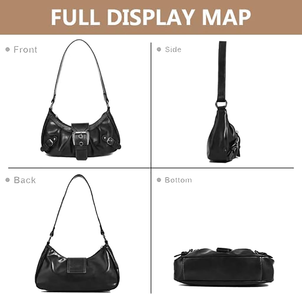 AFMKTICA Y2K Trendy Purse for Women, Leather Buckle Punk Hobo Clutch Purses Bags for Ladies Top Handle Shoulder Bag (Deep black)