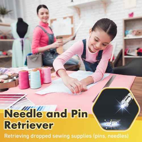 Lasnten Needle and Pin Retriever Telescoping Magnetic Pickup Tool with LED Extends to 31.1" Picks up Metal Sewing Notions Without Bending Over Extendable Magnet Pickup Tool