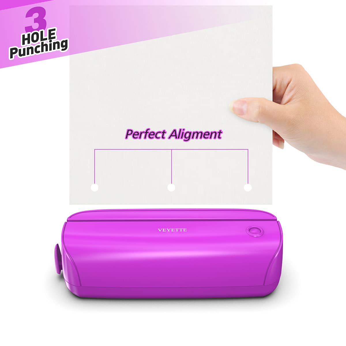 Electric 3 Hole Paper Punch, VEYETTE Paper Puncher with Adapter for Office School Studio, 20 Sheet Capacity, AC or Battery Purple