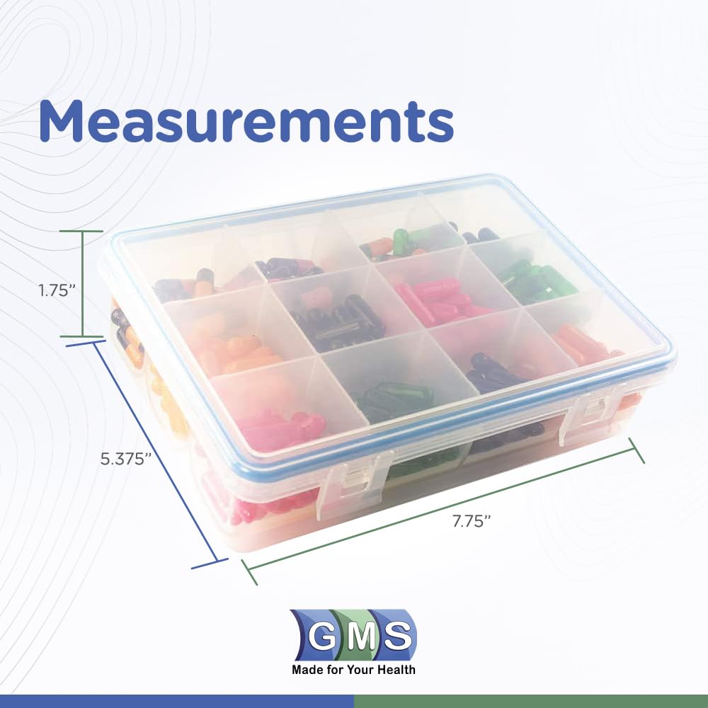 GMS 12 Compartment Vitamin Pill Organizer - Large Size Suitable for Multiple Supplements & Tablets - Safe, Secure Design with Easy Locking Lid - Medicine Cabinet Organizer & Ideal for Travel