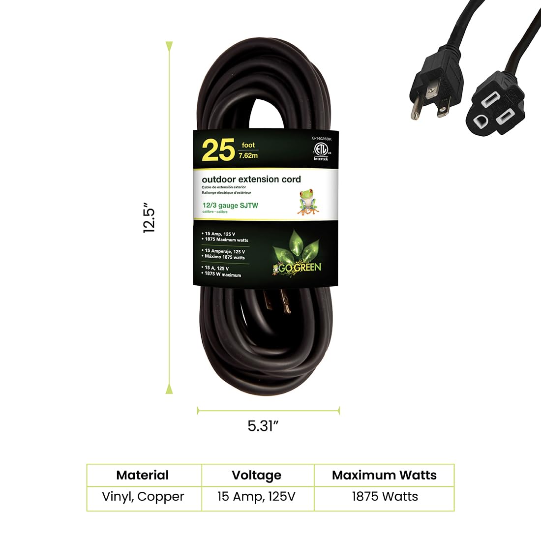Go Green Power Inc. (G-14025BK) 12/3 SJTW Outdoor Extension Cord, Black, 25 ft