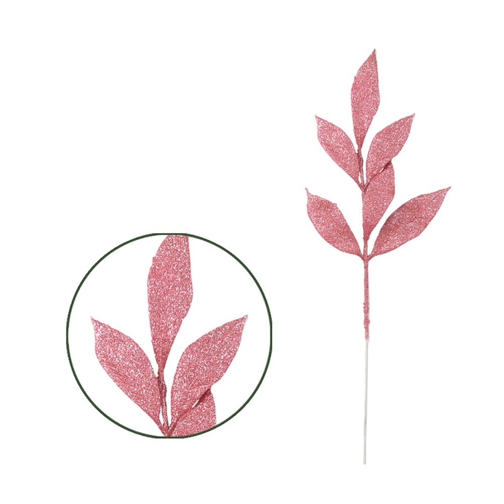 GSHLLO 12 Pcs 35cm Artificial Christmas Glitter Leaves Xmas Tree Filler Branches Winter Leaves Stems Faux Leaves Picks Christmas Floral Picks and Stems for Office Home Decorations Pink