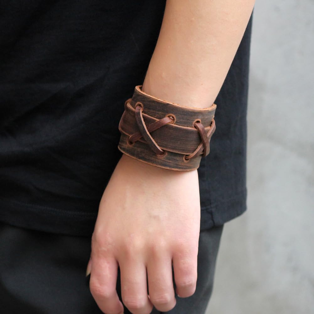 BaBakiak Punk Leather Cuff Bracelet, 2PCS Vintage Braided Leather Wristband for Men Women (Brown)