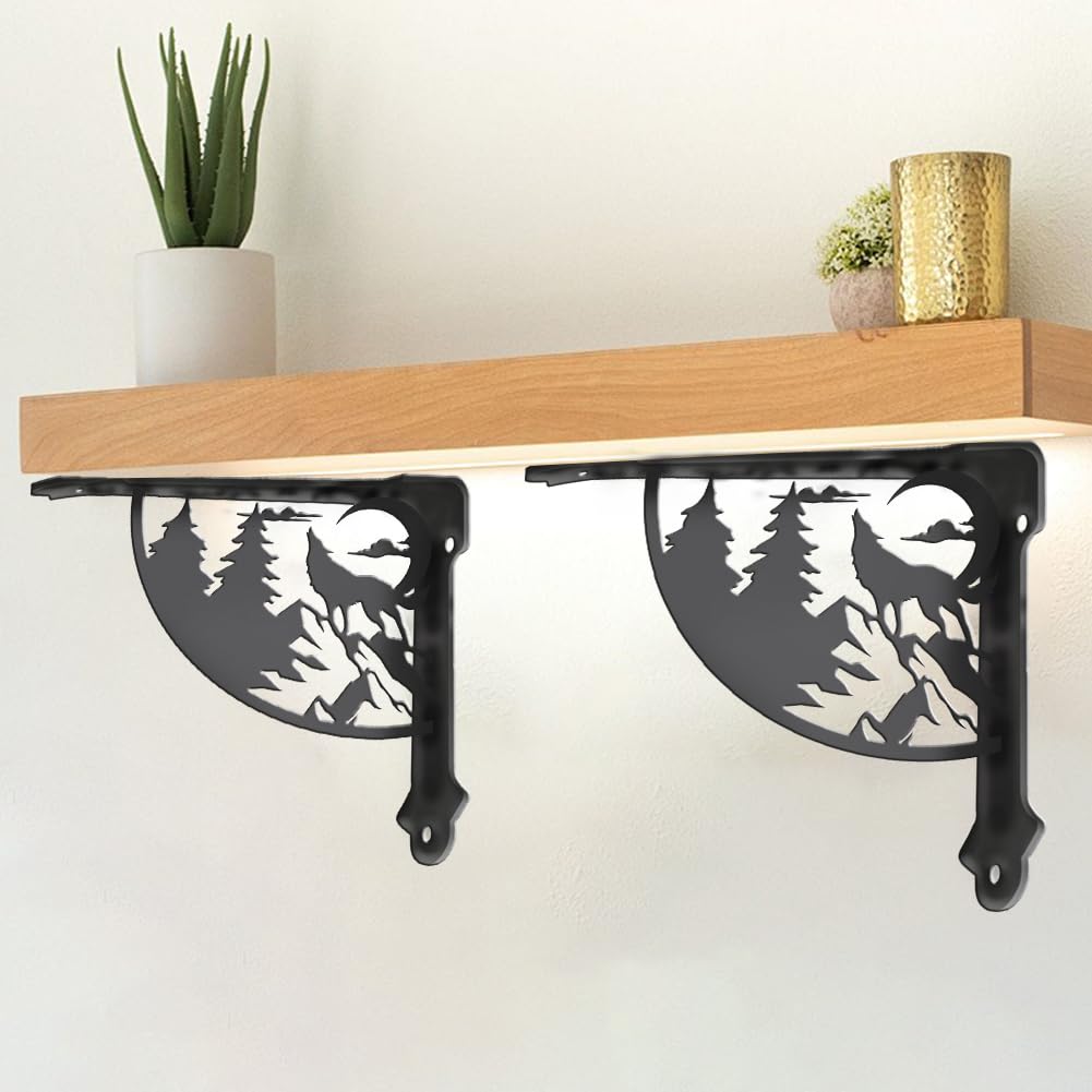 PRESSINART 2Pcs Ornamental Shelf Support Brackets 6.77 x 8.27 x 0.08 Inch Forest Shelf Brackets Black Wolf Tree Iron Wall Mount Ornate Right Angle Rustic Style Holder for Kitchen Bedroom Decoration