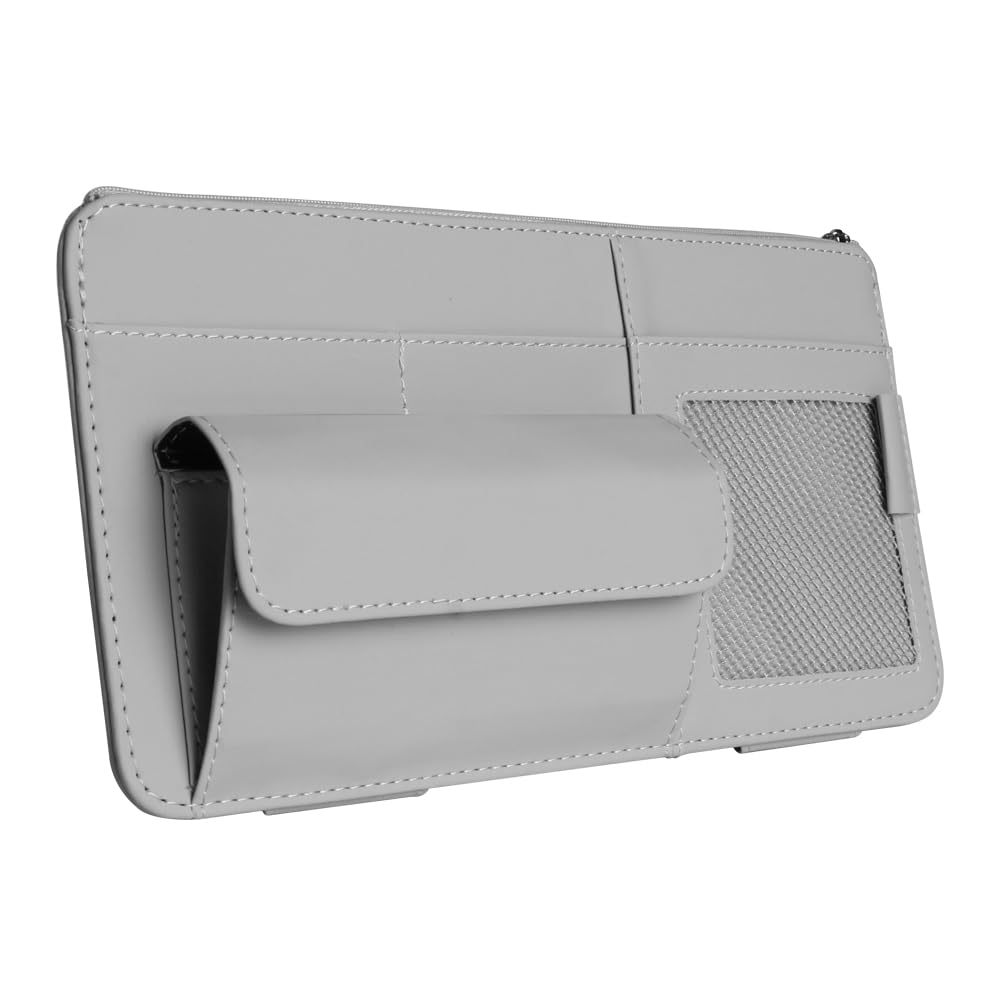 WiiLemz Car Visor Organizer, Multi-Pocket Sunvisor Storage with Sunglass Holder, Document Holder and Visor Card Clip, Fit for AUTO SUV & Truck, Leather Car Accessories Interior (Grey)