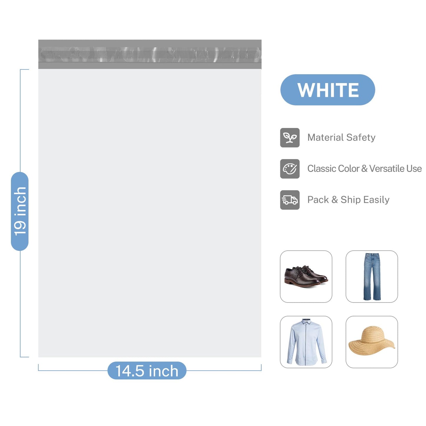 Metronic Poly Mailers 14.5x19 200 Pcs | Large Shipping Bags for Clothing | Strong Adhensive Mailing Bags for Small Business, Shipping Envelopes Bags, Tear-resistant Package Bags White