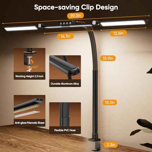 Large Desk Lamps for Home Office, 39.3" Architect Desk Lamp with Clamp, 24W Ultra Bright LED Desk Light Stepless Dimming Eye-Caring Office Desk Lamp for Study Work