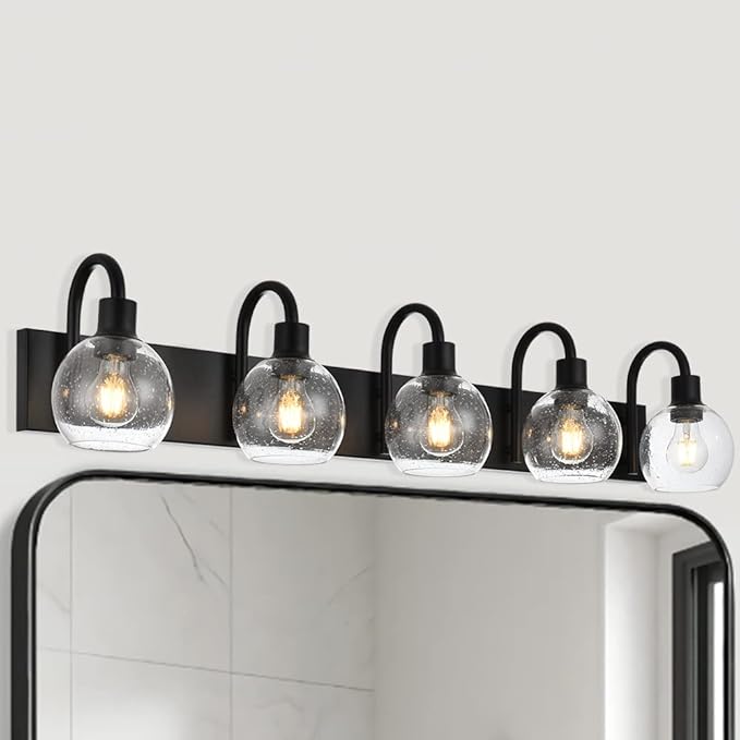 Bathroom Light Fixtures 5-Lights Matte Black Farmhouse Vanity Lighting with Seeded Globe Glass for Over Mirror