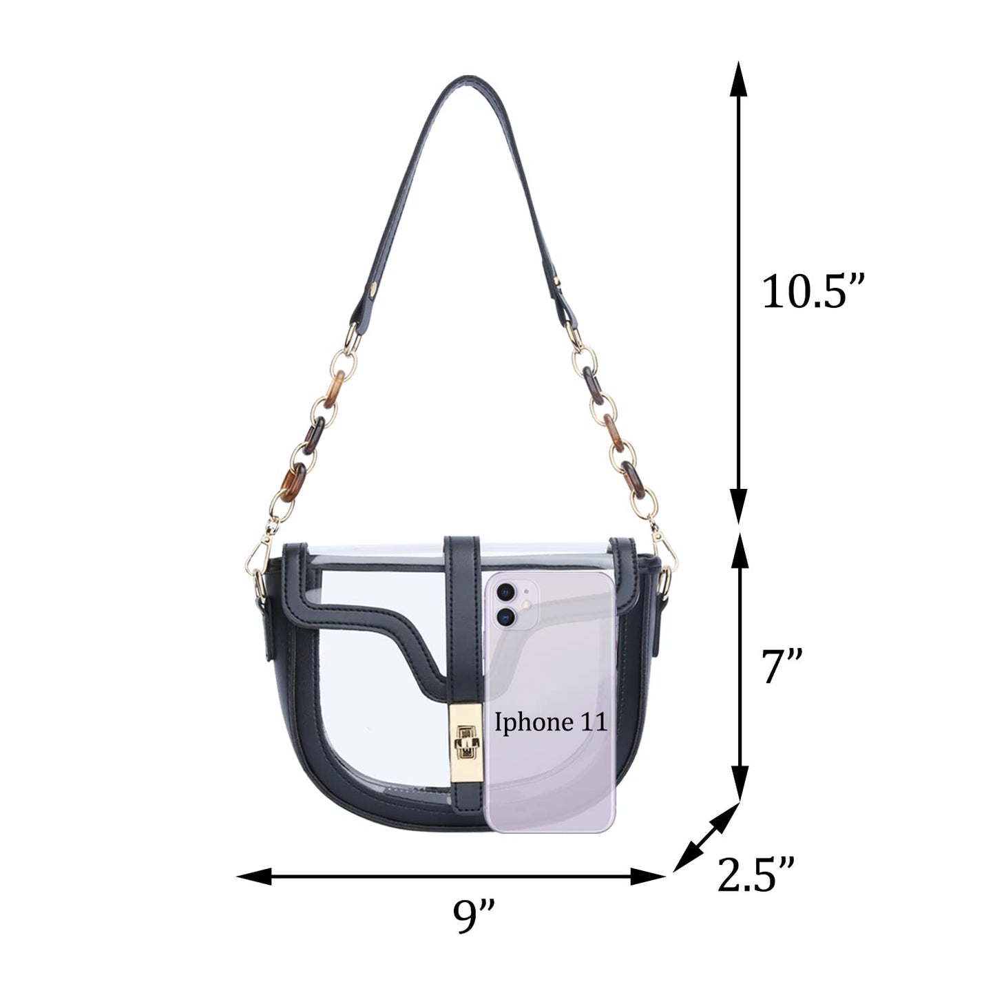 KKXIU Clear Crossbody Bag for Women Stadium Approved Vegan Leather Concert Shoulder Sports See-Through Purse (Black)