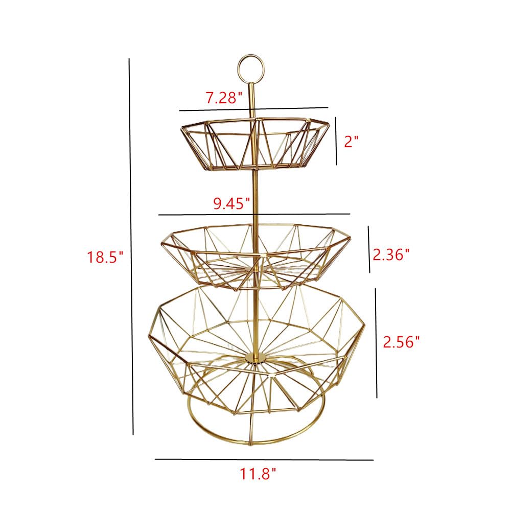 3 Tier Fruit Basket Bowl Stand for Kitchen Counter, Tiered Metal Wire Serving Stand Holder, Vegetable Storage Basket Organizer Trays, Detachable Multi Layer Snack Food Dessert Display Stand (Gold)