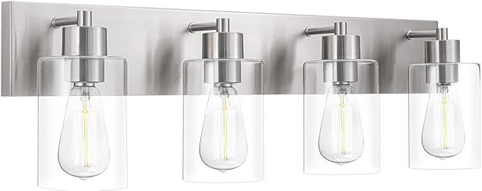 4-Light Bathroom Vanity Light Fixtures, Modern Bathroom Light Fixture with Clear Glass Brushed Nickel Finish Vanity Lights Over Mirror for Kitchen Bedroom Living Room