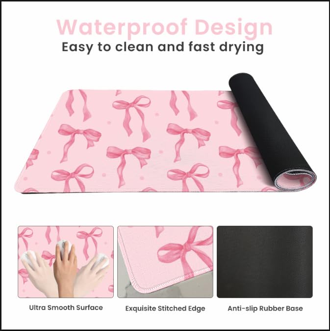 Pink Mouse Pad, Large Pink Desk Mat Bows Computer Mat, Gaming Keyboard and Mouse Pad Non-Slip Rubber Base, Stitched Edge, Cute Girly Office Supplies Desk Accessories Decor for Women 31.5 x 11.8in