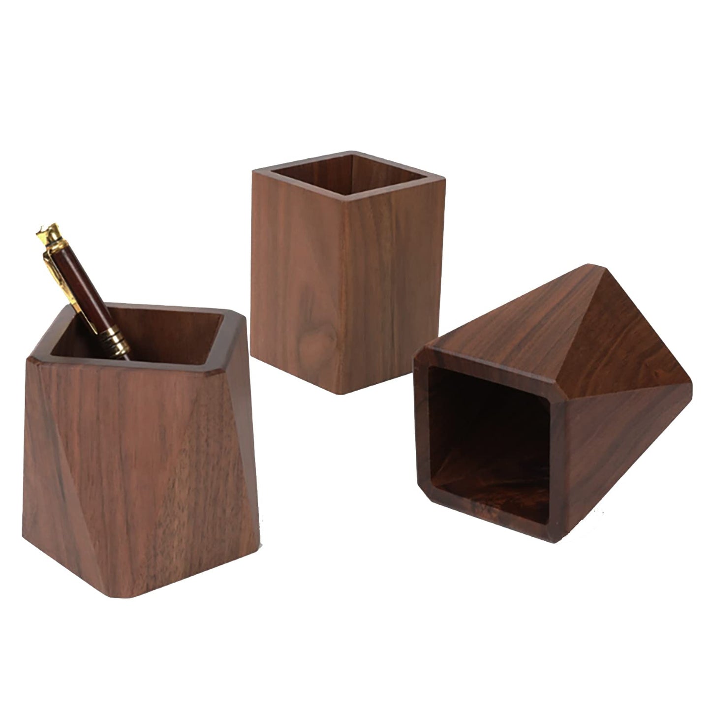 Soseelnee Black Walnut Wooden Pencil Box, Multiple-Use Desk Writing Stationary Organizer Wood Pen Holder Cups Office School Supplies Storage (Prismatic Shape)