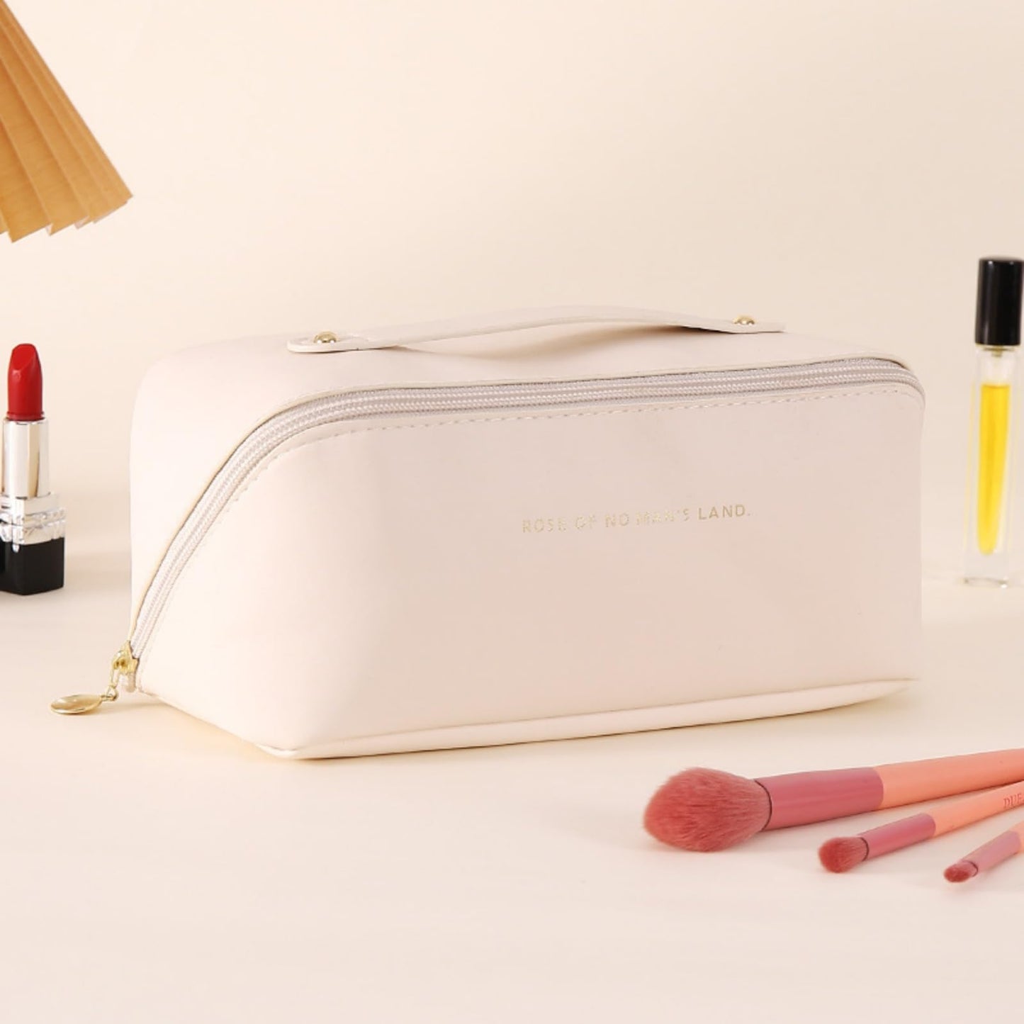 Shonchii Travel Makeup Bag, Large Capacity Cosmetic Bags for Women,Waterproof PU Leather Toiletry Bag,Open Flat Make Up Bag Organizer with Handle