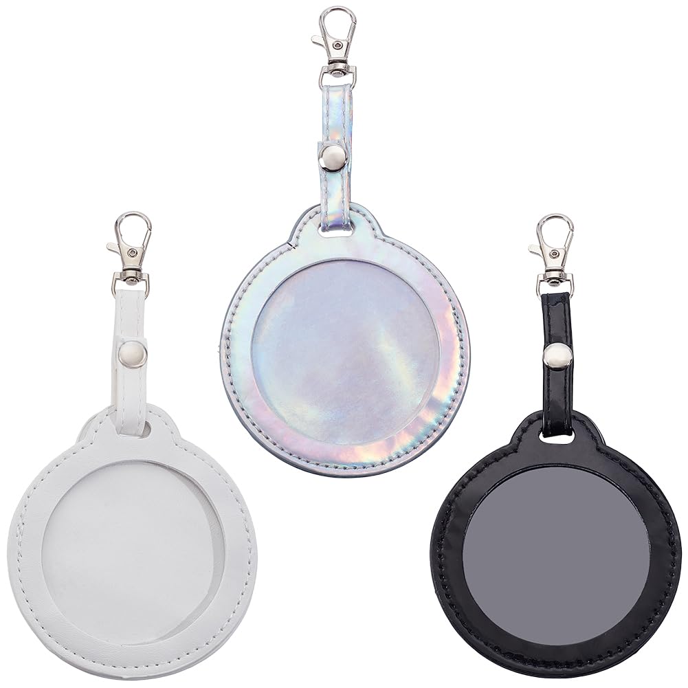 CALFOVERA 4 Colors PU Leather Bag Badge Holder Portable Clear Button Display Case Keychain with Clip Round Badge Protector Carabiner Waterproof Backpack Pendant Cover Keyring for Animation Peripheral