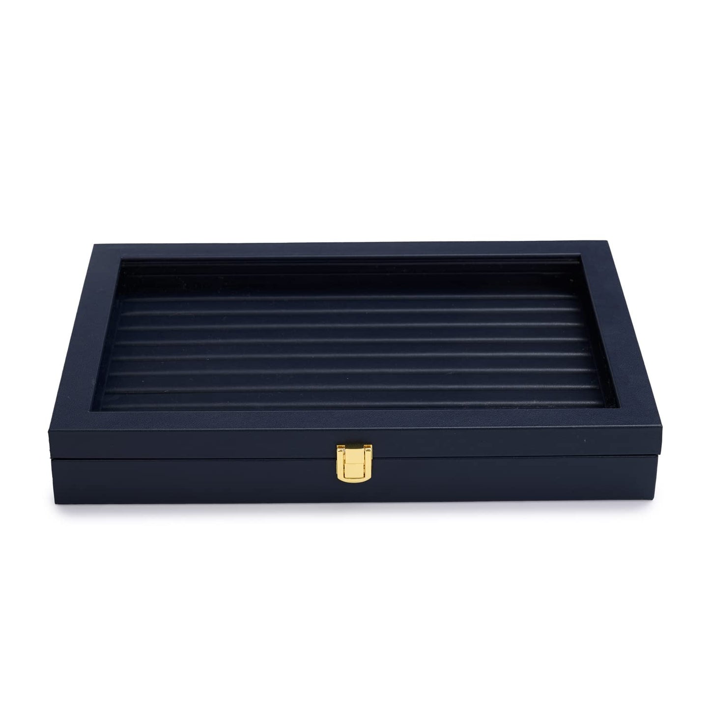 Oirlv Premium Blue Leather Rings Earrings Organizer Tray with Clear Lid Jewelry Display Box with Acrylic Lid Stackable Jewelry Box Drawer Inserts