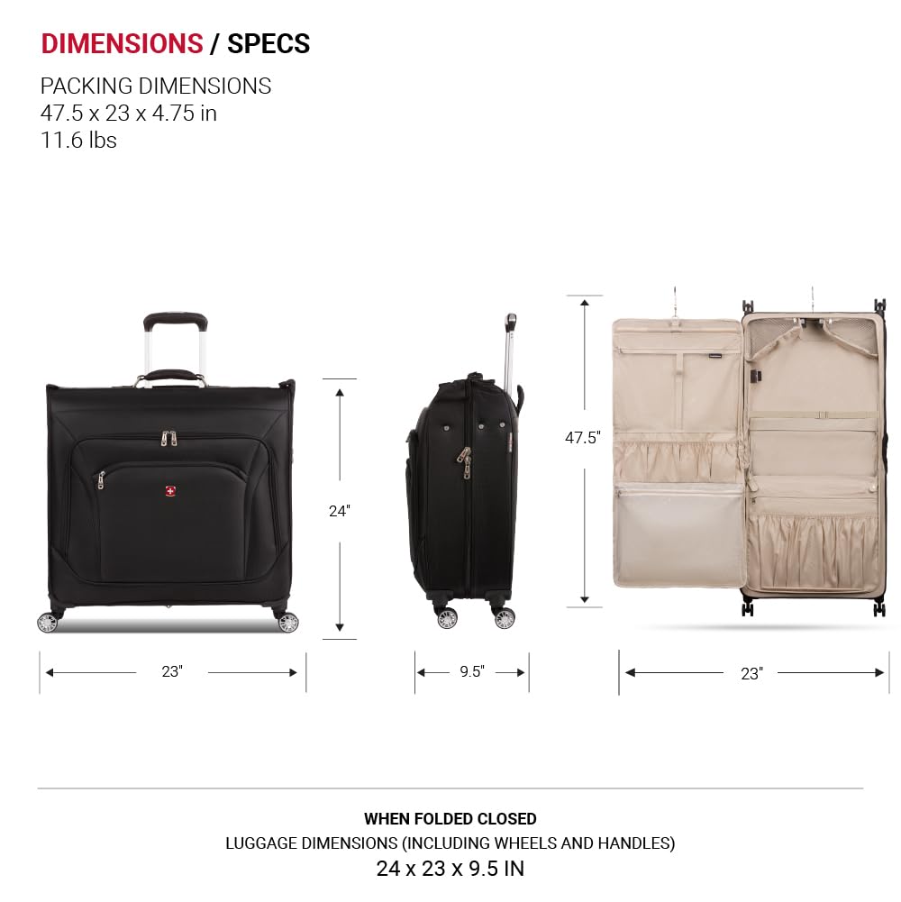SwissGear 7895 Premium Garment Bag with Spinner Wheels, Amazon Exclusive, Bonus Hanging Feature, 24-Inch Luggage - Black