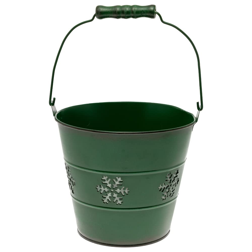 Boston International Metal Pail Christmas Winter Holiday Snowflake Bucket with Handle, 6.5 x 6-Inches, Green