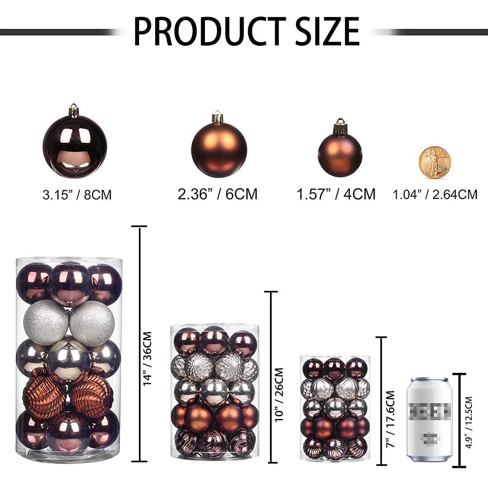 XmasExp 24ct Brown Christmas Ball Ornaments for Tree Decorations, Small Shatterproof Plastic Hanging Balls Set for Christmas Tree, Home Holiday Party Decor (1.57'', Brown)