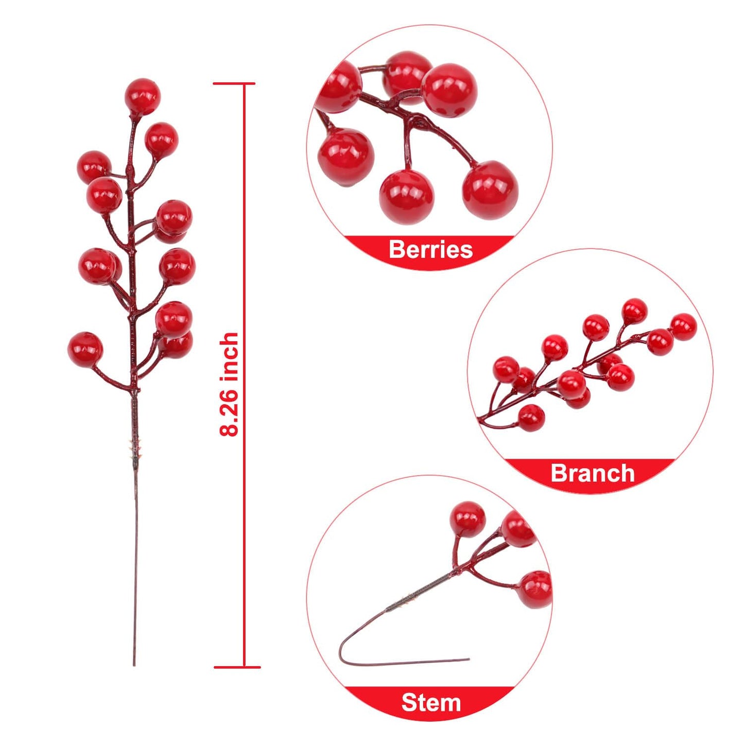 Mklsit 30 Pack Artificial Red Berry Stems, 8.2 Inch Christmas Berry Picks Holly Berries Branches for Christmas Tree Decorations DIY Crafts Wreath Decor