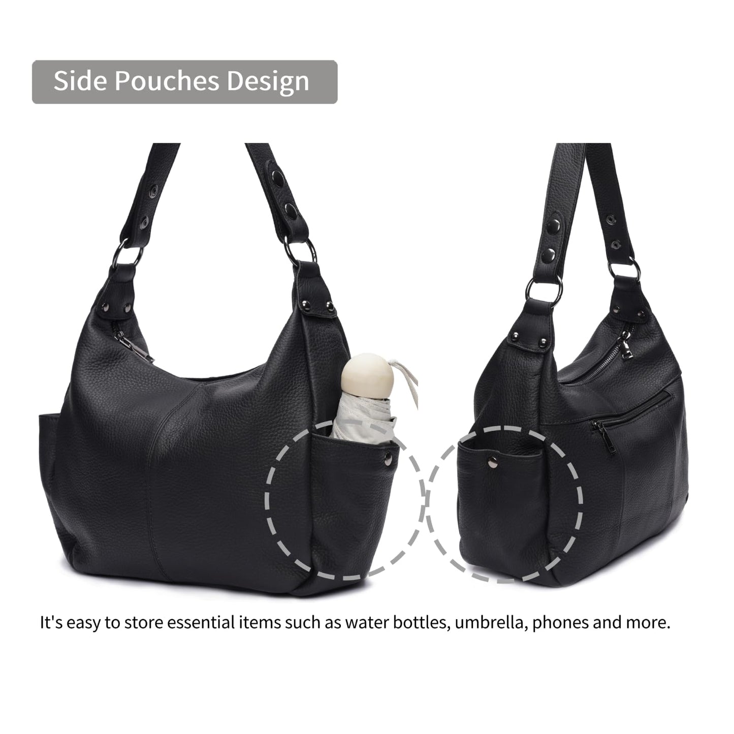 Genuine Leather Purses for Women Black Hobo Bag Work & Casual Crossbody Handbag with Two Adjustable Straps
