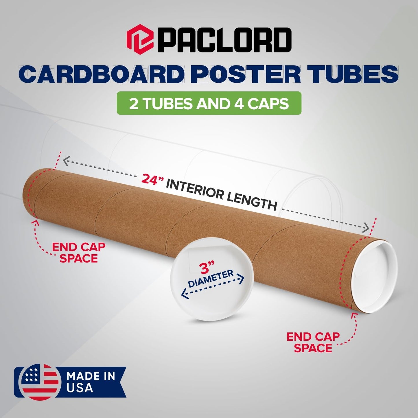 3" x 24" Reinforced Kraft Paper Mailing Tube, Pack of 2 Tubes with 4 Caps – Secure USPS Approved Poster Tube – Made in USA Cardboard Tube for Shipping and Storing Posters, Prints, Artwork