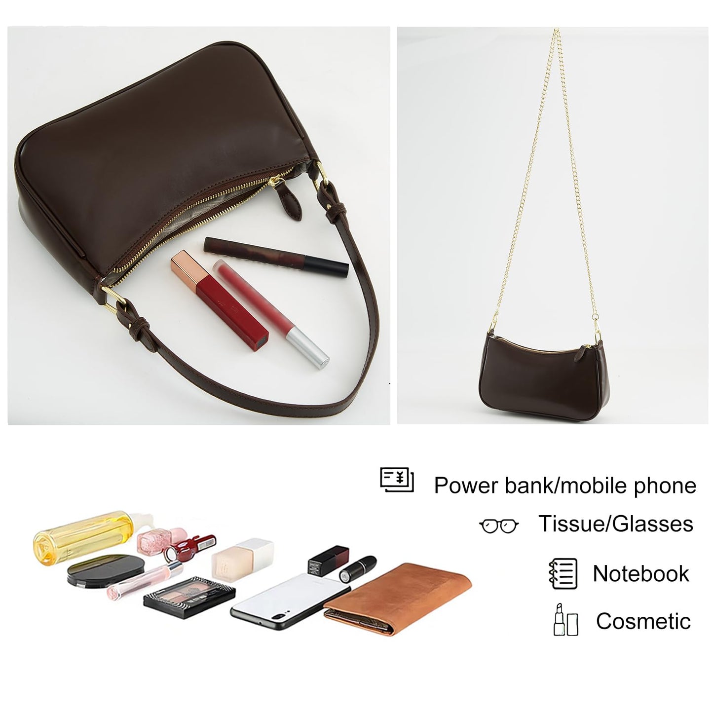Pugtay Small Shoulder Bag for women Clutch Purse Handbag with 2 Removable Straps and Zipper Closure Crossbody Bags (coffee)