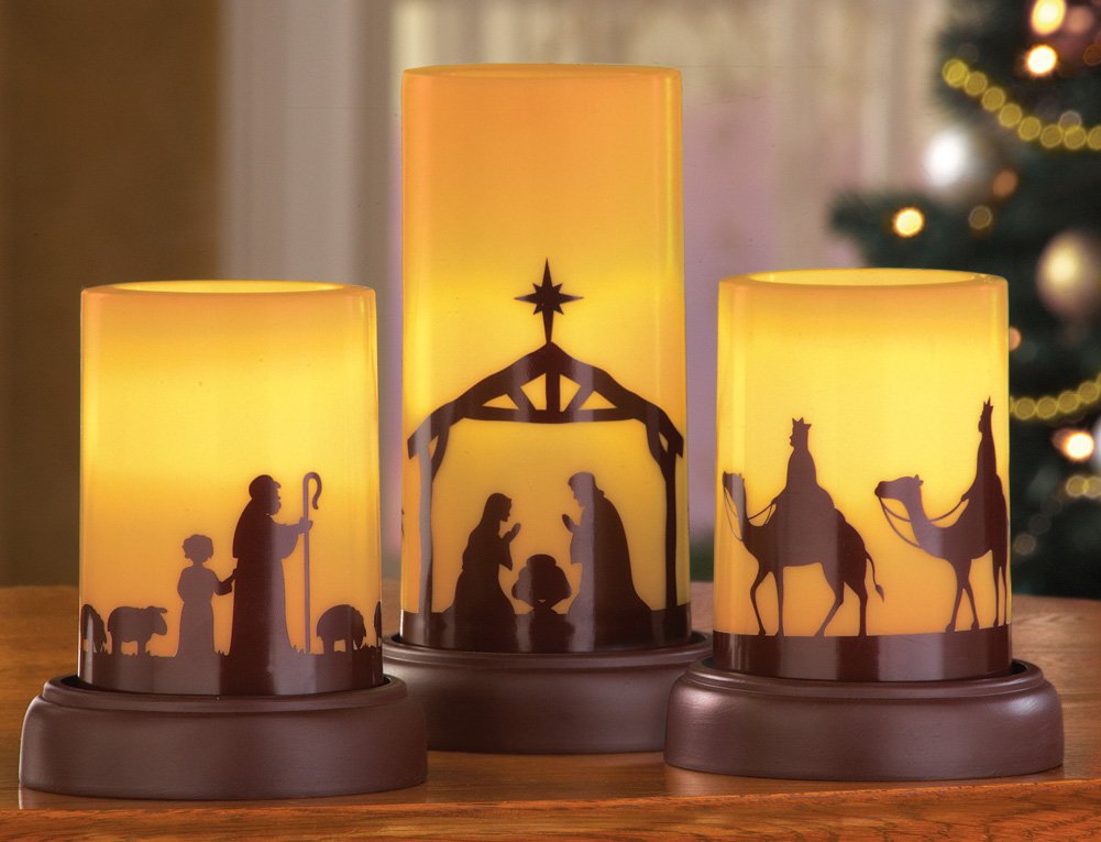 Collections Etc LED Flameless Christmas Nativity Scene Candles, Holiday Home Decor Accents - Set of 3